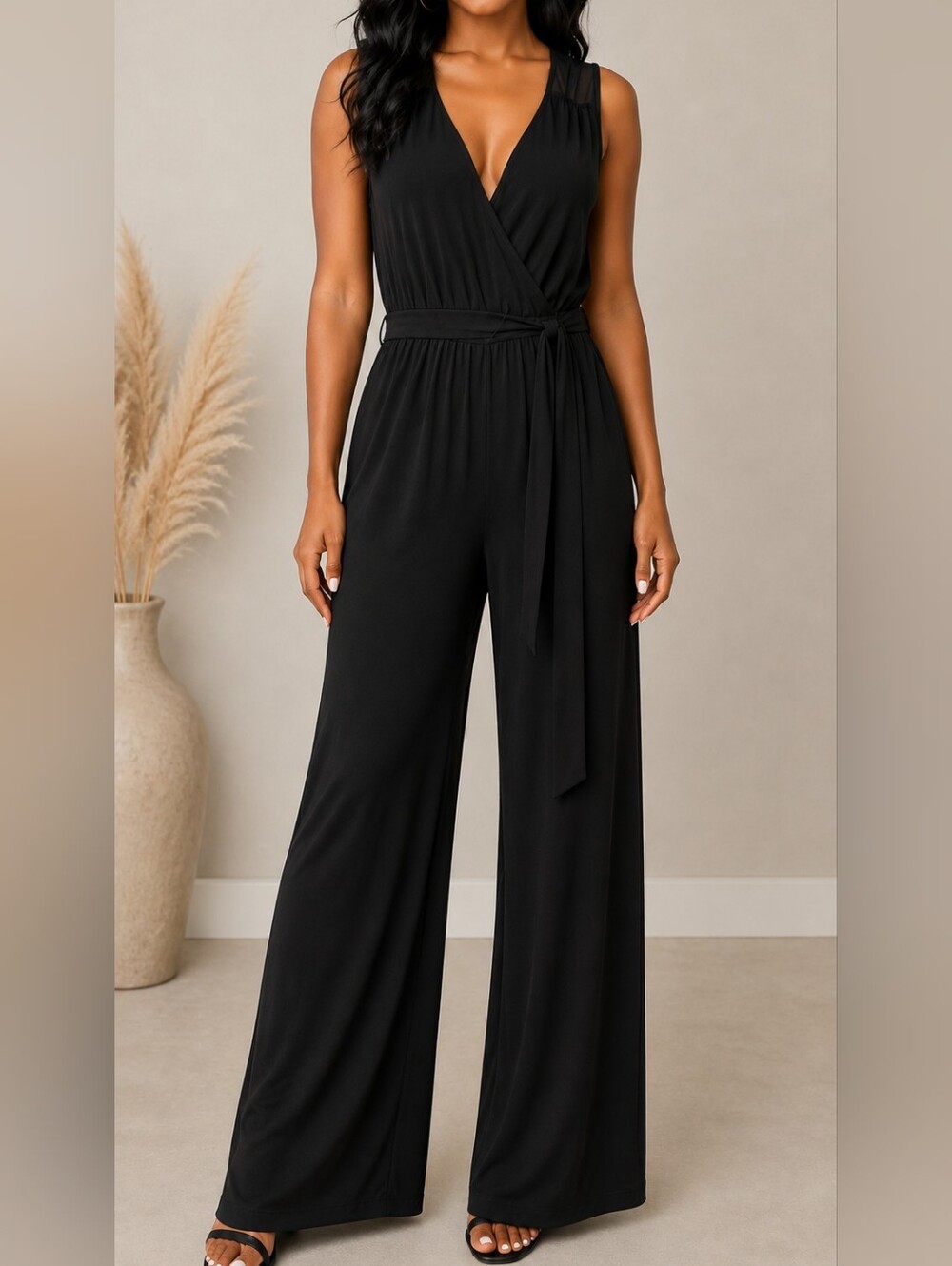 Emma & Michele Black Sleeveless Wrap Wide-Leg Jumpsuit with Tie Sz M - Preloved